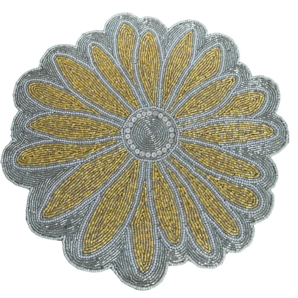 TAHARI HOME Glass Hand Beaded Charger Placemat Summer Yellow & White Floral NEW
